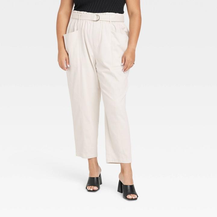 Women's Plus Size High-rise Paperbag Belted Pants - Ava & Viv Cream