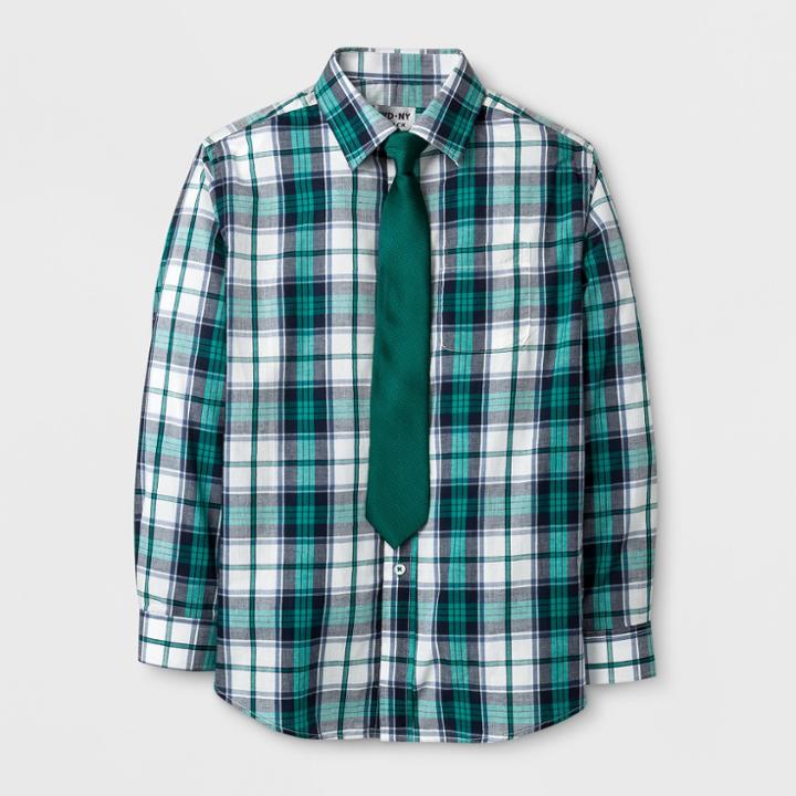 Wd·ny Black Boys' Long Sleeve Plaid Button-down Shirt With Tie Green M - Wd.ny Black, Blue