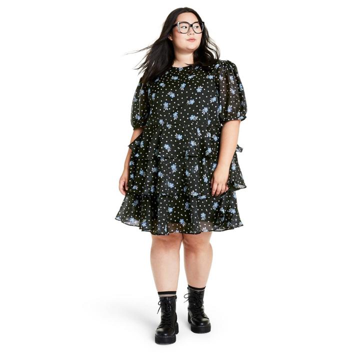 Women's Plus Size Floral Print Short Sleeve Tiered Dress - Sandy Liang X Target Black