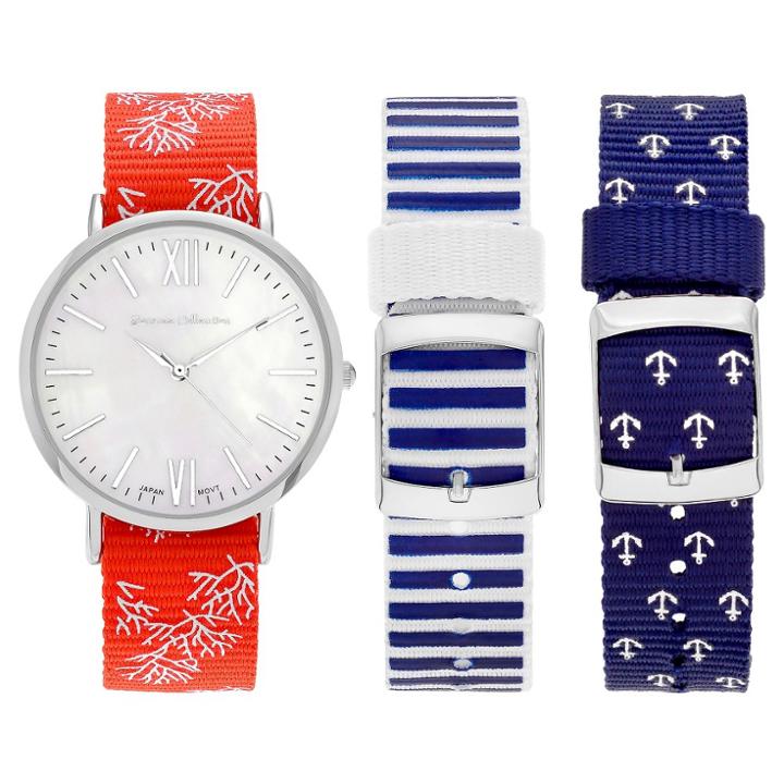 Women's Journee Collection Round Face Interchangeable And Reversible 3 Nylon Strap Watch
