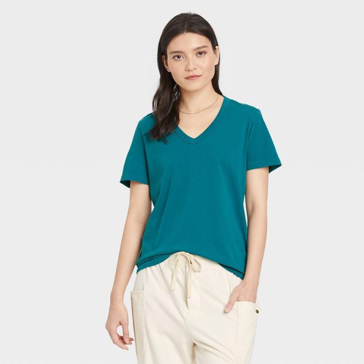 Women's Short Sleeve Relaxed Fit V-neck T-shirt - Universal Thread Teal Blue