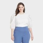 Women's Plus Size Short Puff Sleeve Eyelet Top - A New Day White