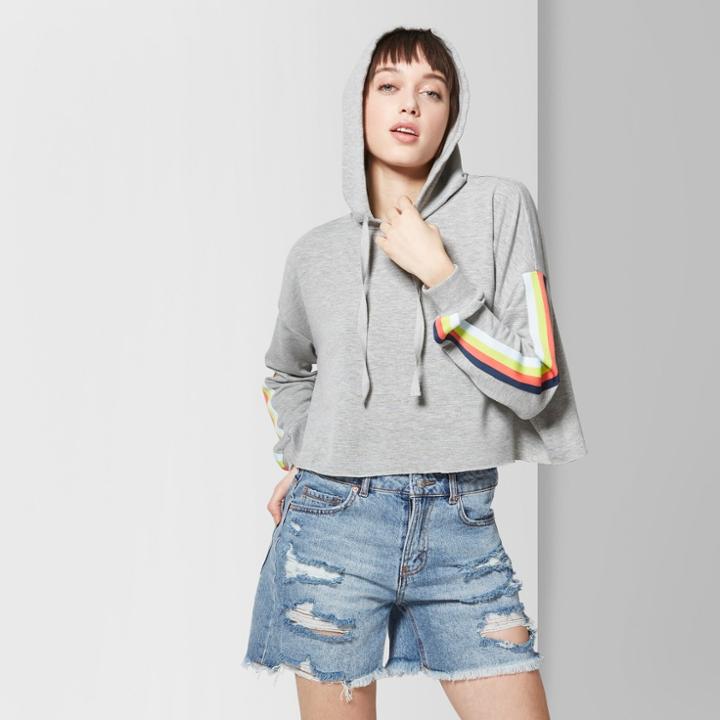 Women's Striped Cropped Rainbow Placed Hoodie - Wild Fable Heather Gray