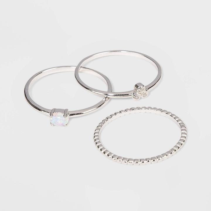 Sterling Silver With Opal And Cubic Zirconia Beaded Band Stacking Ring Set 3pc - A New Day Silver 8, Women's, Clear