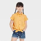 Girls' Button-down Tie-front Short Sleeve Woven Shirt - Cat & Jack Light Mustard Yellow