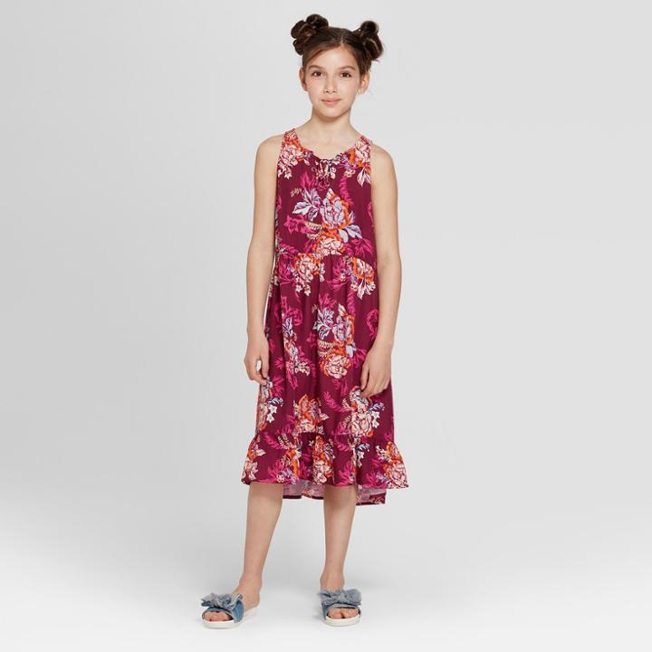 Girls' Lace-up High Neck Printed Dress - Art Class Berry