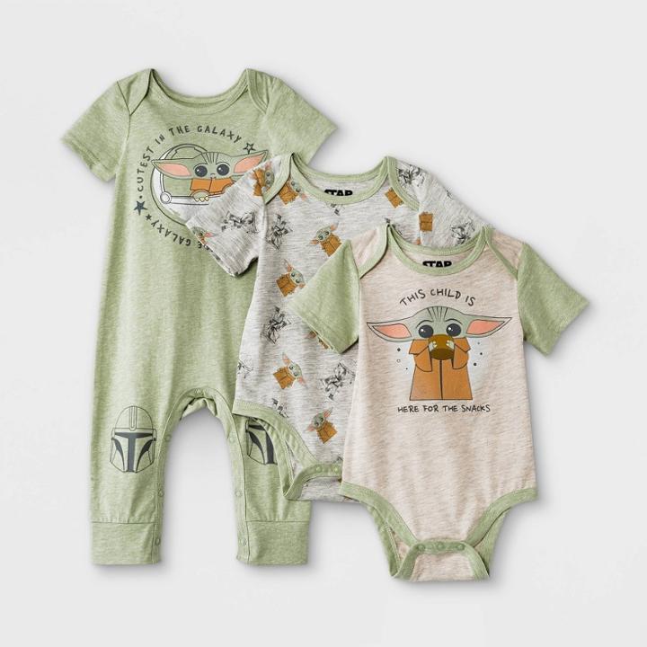 Disney Baby Boys' 3pk Star Wars Baby Yoda Short Sleeve Romper And Bodysuit Set - Green Newborn