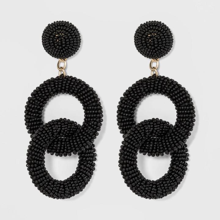 Beaded Interlink Hoop Drop Earrings - A New Day Black