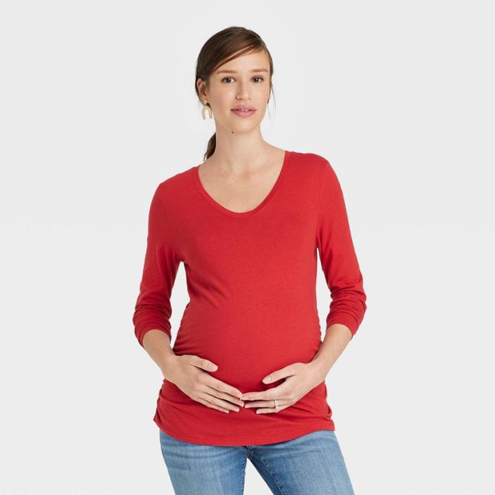 Long Sleeve Scoop Neck Maternity T-shirt - Isabel Maternity By Ingrid & Isabel Red