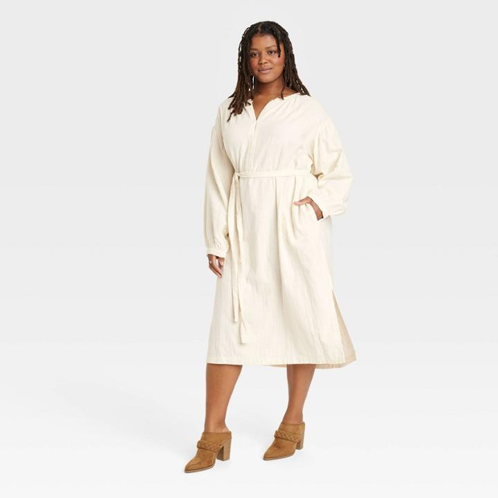 Women's Plus Size Balloon Long Sleeve Tie-front Shirtdress - Universal Thread White