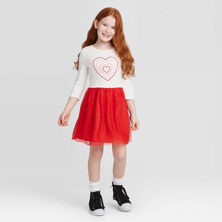 Girls' Long Sleeve Heart Dress - Cat & Jack Cream/red Xs, Girl's, White