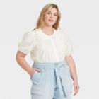 Women's Plus Size Striped Puff Short Sleeve Button-down Shirt - Universal Thread White