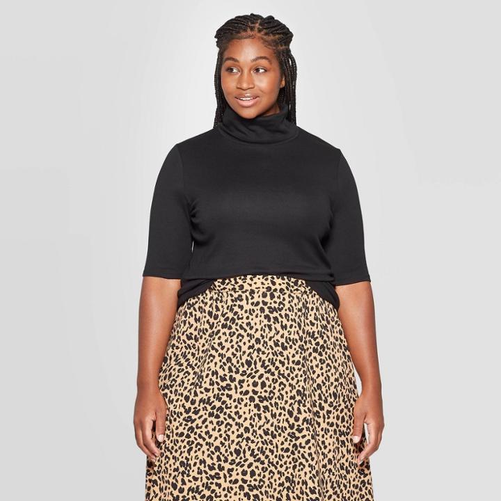 Women's Plus Size Elbow Sleeve Turtleneck T-shirt - Ava & Viv Black