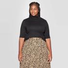 Women's Plus Size Elbow Sleeve Turtleneck T-shirt - Ava & Viv Black