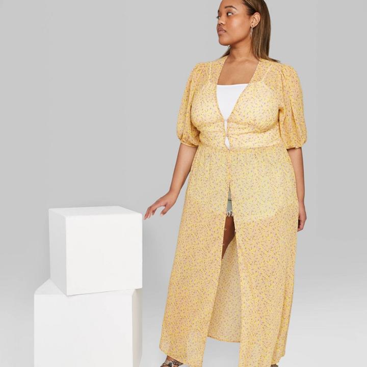 Women's Plus Size Floral Print Short Sleeve Button-front Duster Kimono - Wild Fable Beige 1x, Women's,