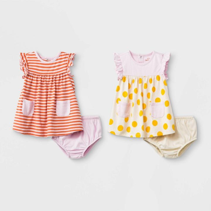 Baby Girls' 2pc Dots & Stripe Dress Set - Cat & Jack Light Pink/orange 18m, Girl's, Orange/pink