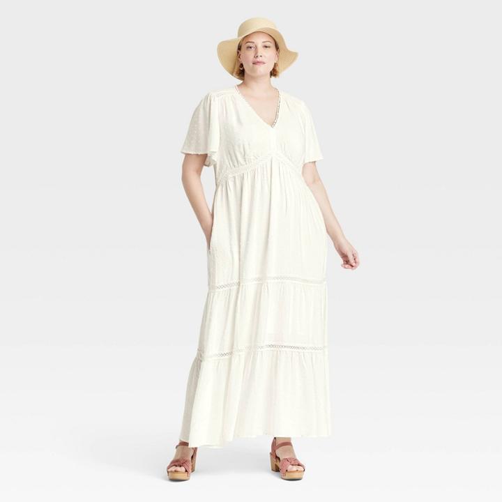 Women's Plus Size Flutter Short Sleeve Dobby A-line Dress - Knox Rose White