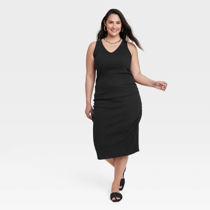 Women's Plus Size Sleeveless Rib Knit Side Ruched Dress - A New Day Black