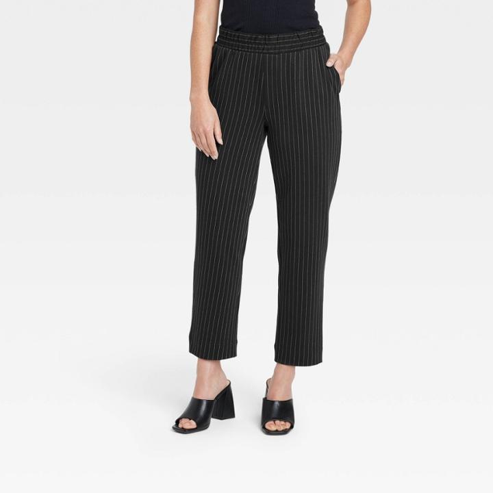 Women's High-rise Slim Straight Fit Ankle Pull-on Pants - A New Day Black Pinstriped