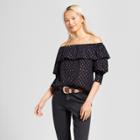 Eclair Women's Long Sleeve Off The Shoulder Ruffle Foil Dot Blouse - Clair Navy