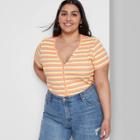 Women's Plus Size Short Sleeve V-neck Snap Front Baby T-shirt - Wild Fable Coral Striped 1x, Pink