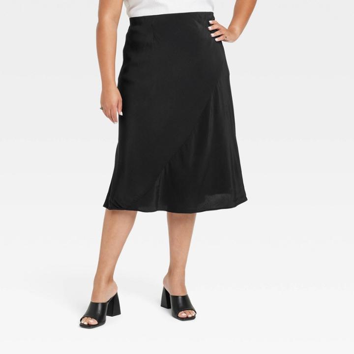 Women's Plus Size Bias Midi Skirt - Ava & Viv Black X