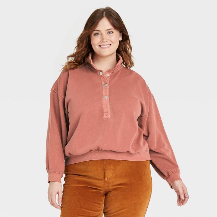 Women's Plus Size Henley Neck Fleece Sweatshirt - Universal Thread Dark Red