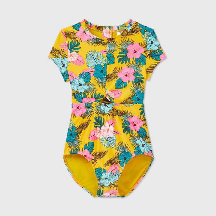 Girls' Short Sleeve Floral Back-zip One Piece Swimsuit - Art Class Gold