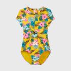 Girls' Short Sleeve Floral Back-zip One Piece Swimsuit - Art Class Gold
