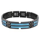 Men's Crucible Black Plated Two-tone Stainless Steel Blue Striped Id Link Bracelet (14mm) - Black/blue