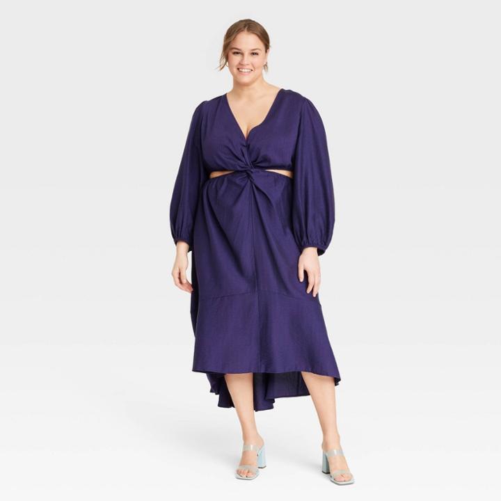 Women's Plus Size Long Sleeve Twist Cut Out Dress - A New Day Navy Blue