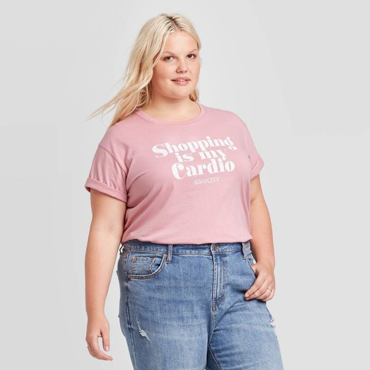 Women's Sex And The City Shopping Is My Cardio Plus Size Short Sleeve Cropped T-shirt (juniors') - Pink 1x, Women's,