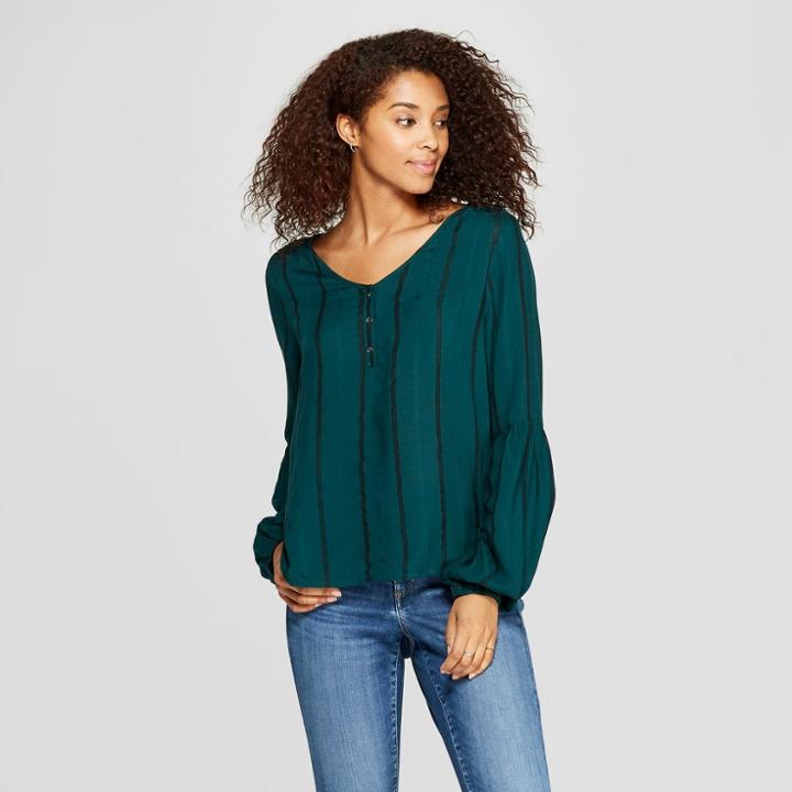 Women's Striped Long Sleeve Interest Blouse - Universal Thread Green