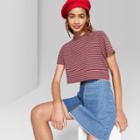 Women's Striped Cropped Boxy Short Sleeve T-shirt - Wild Fable Burgundy/gray