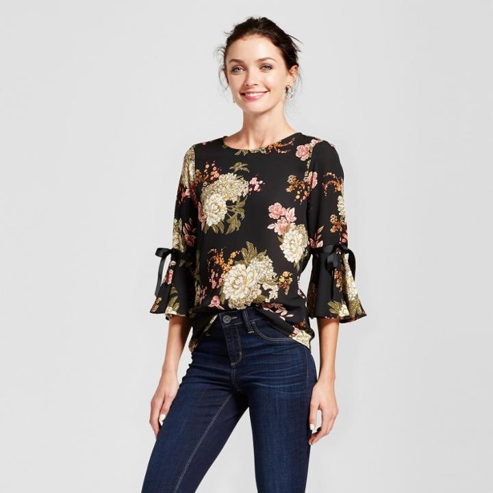 Women's Floral Printed Blouse With Bow Sleeve - Lux Ii Black/olive