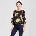 Women's Floral Printed Blouse With Bow Sleeve - Lux Ii Black/olive