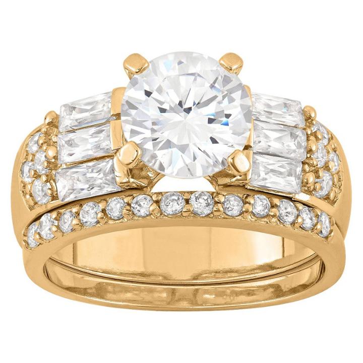 Tiara 3.22 Ct. T.w. Elegant 8mm Round-cut Cubic Zirconia With Baguette Side Stones 3-piece Bridal Set In 14k Gold Over Silver - (7), Girl's, Yellow