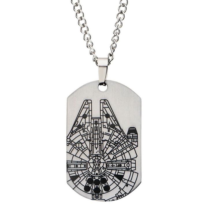 Men's Disney Star Wars Millennium Falcon Laser Etched Stainless Steel Dog Tag Pendant With Chain