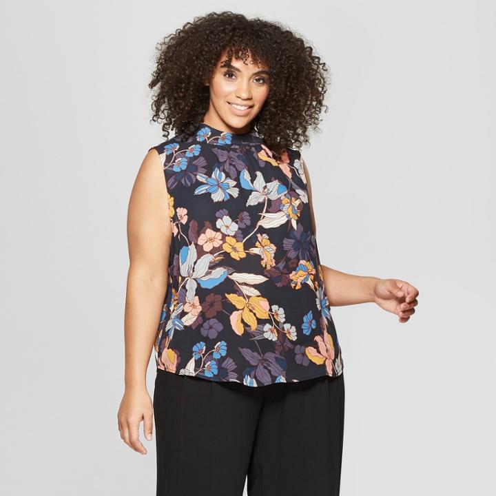 Women's Plus Size Floral Print Mock Neck Tank Top - Who What Wear Black/pink