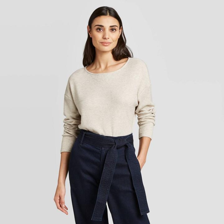 Women's Regular Fit Long Sleeve Crewneck Waffle Knit Top - A New Day Light Brown