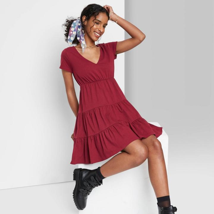 Women's Short Sleeve Tiered Knit Babydoll Dress - Wild Fable Berry