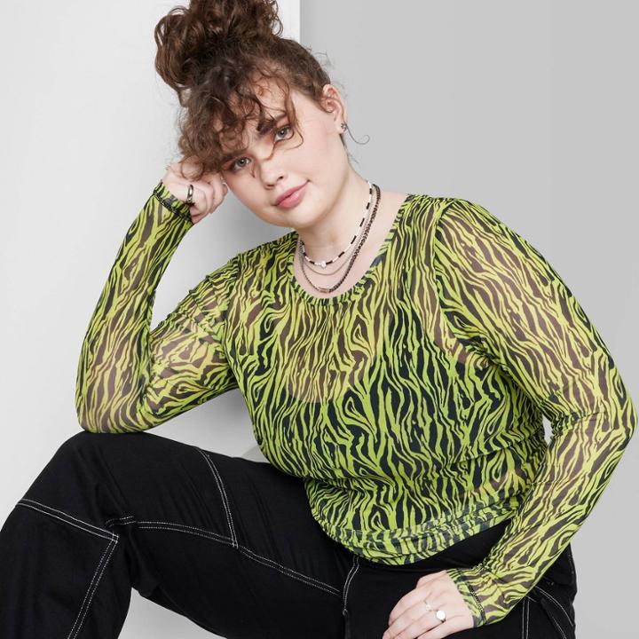 Women's Plus Size Long Sleeve Mesh Fitted T-shirt - Wild Fable Lime Green/black