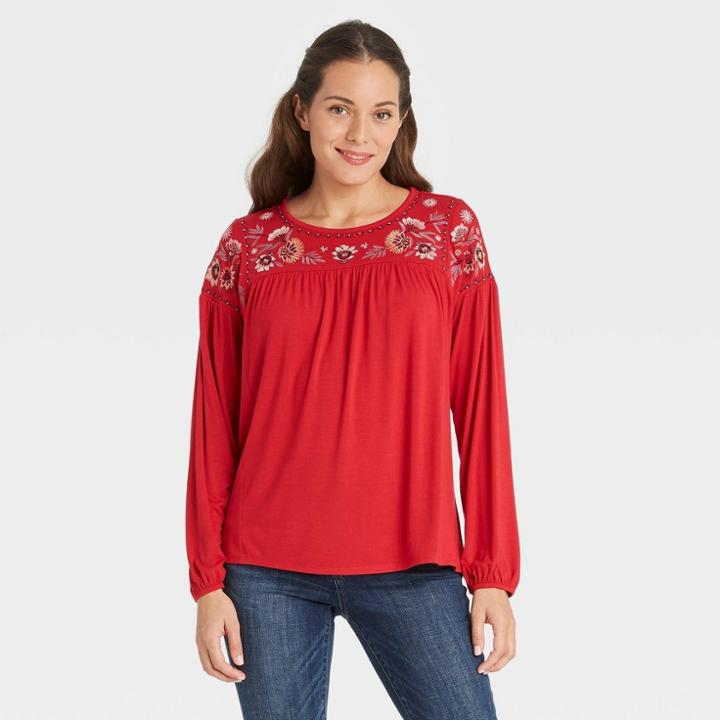 Women's Long Sleeve Embroidered Knit Top - Knox Rose Red