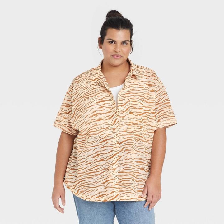 Women's Plus Size Short Sleeve Button-down Shirt - Ava & Viv Rust X, Red