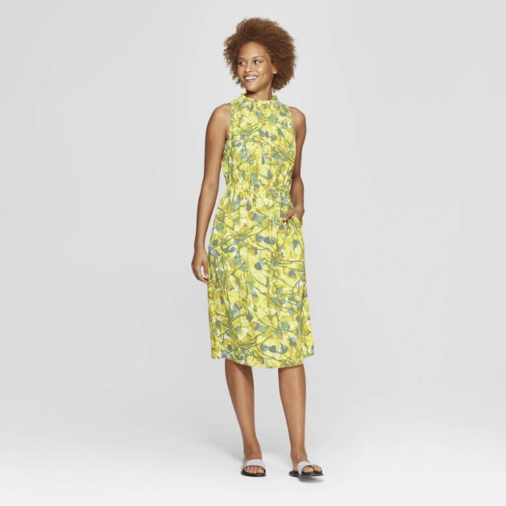 Women's Floral Sleeveless Ruched Neckline Midi Dress - Prologue White