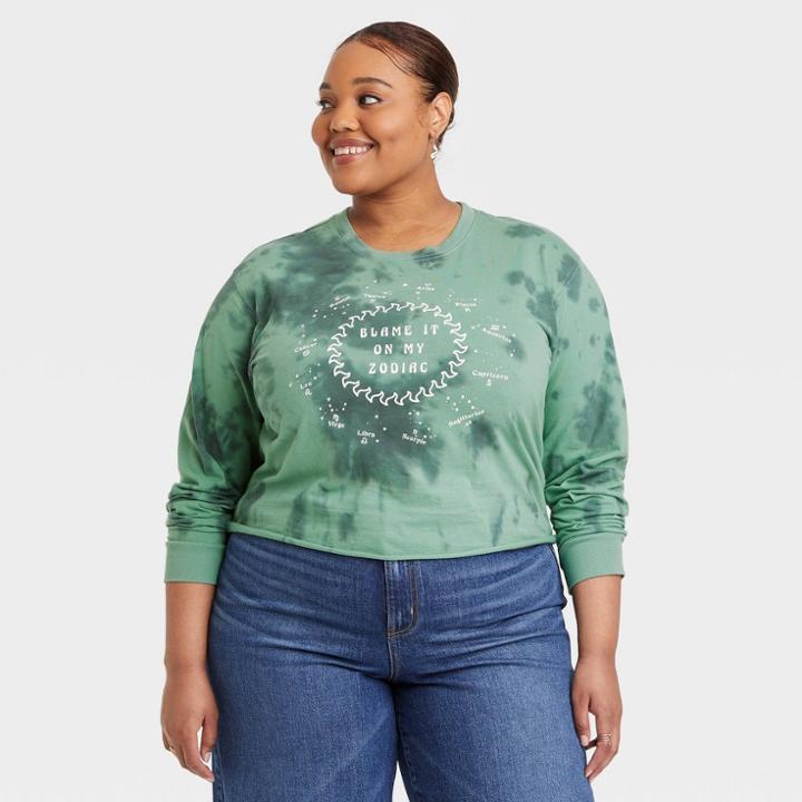 Mighty Fine Women's Plus Size Blame It On My Zodiac Long Sleeve Graphic T-shirt - Green Tie-dye