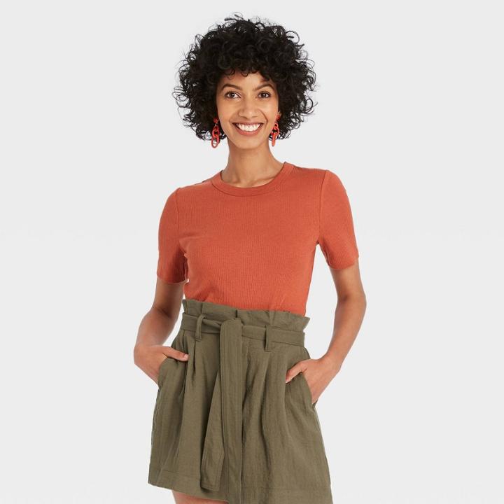 Women's Short Sleeve Ribbed T-shirt - A New Day Orange