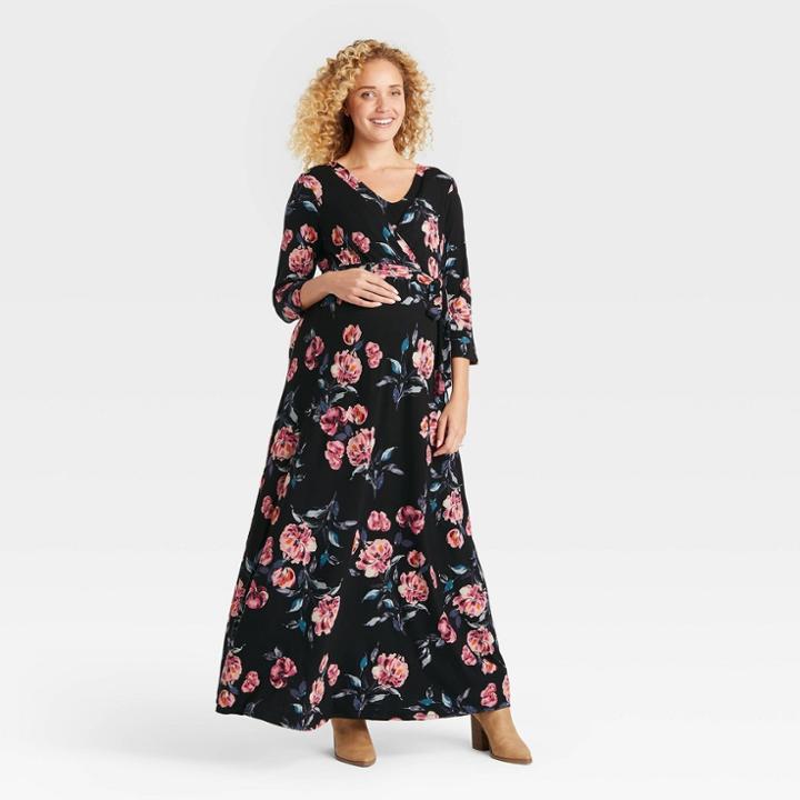 3/4 Sleeve Nursing Function Maternity Dress - Isabel Maternity By Ingrid & Isabel Black Floral Print