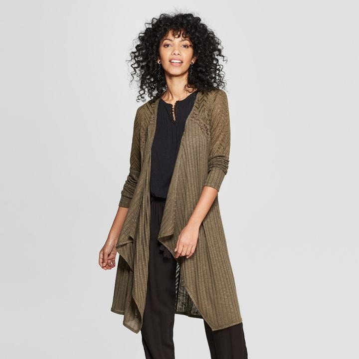 Women's Long Sleeve Rib Knit Long Cardigan - Knox Rose Green