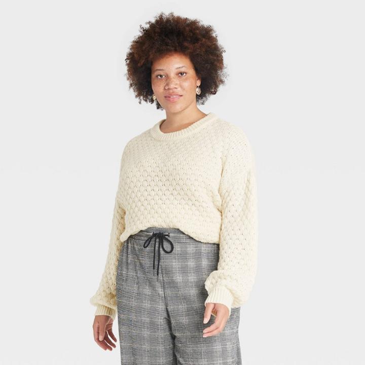 Women's Plus Size Crewneck Textured Pullover Sweater - A New Day Cream